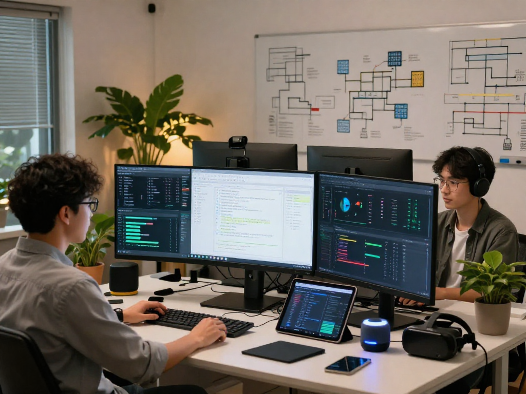 Advanced tech workspace showcasing an ai image detector in action with data visualizations and AI algorithms.
