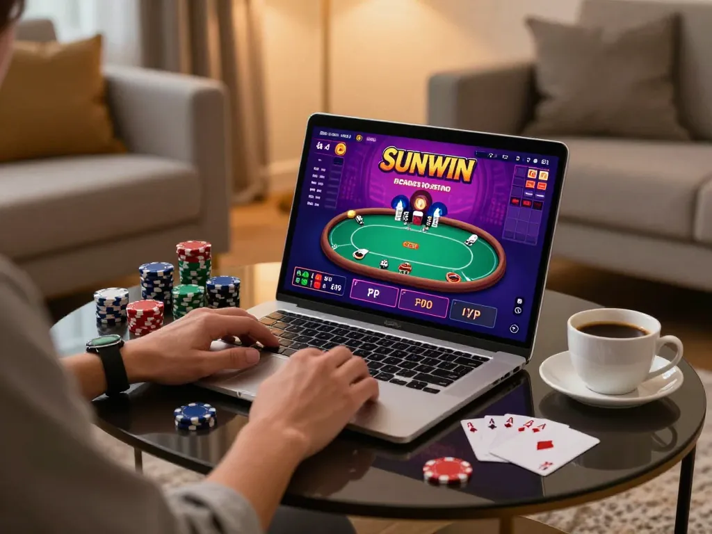 SUNWIN poker gameplay on a laptop in a cozy home setting, showcasing strategic online gaming.