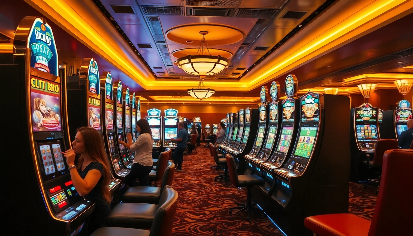 Bermain bro138 slot di mesin slot modern di kasino mewah dengan suasana penuh energi.