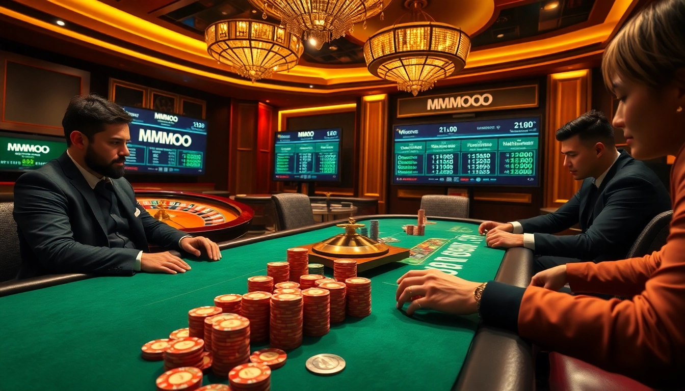 Experience high-stakes poker at MMOO's lavish casino, featuring vibrant cards and polished chips.