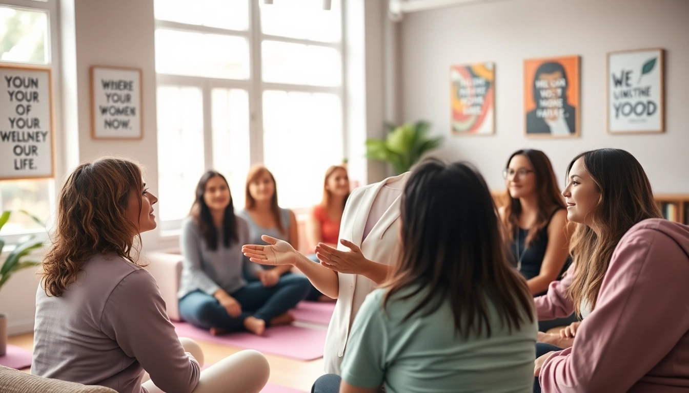 Engaged women discussing health topics at https://womens-health-advice.org in a warm wellness studio.