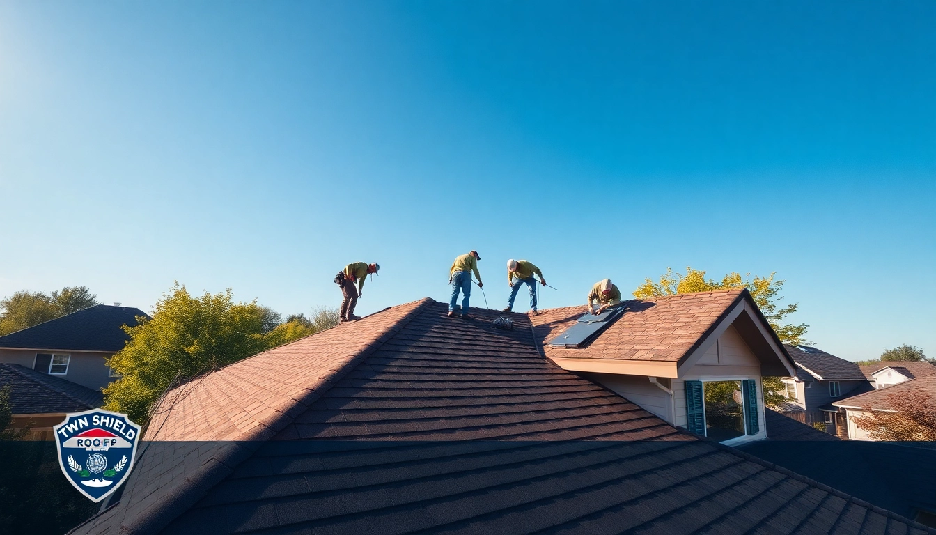 Contractors from Twin Shield Roofing installing a new roof in a residential area.