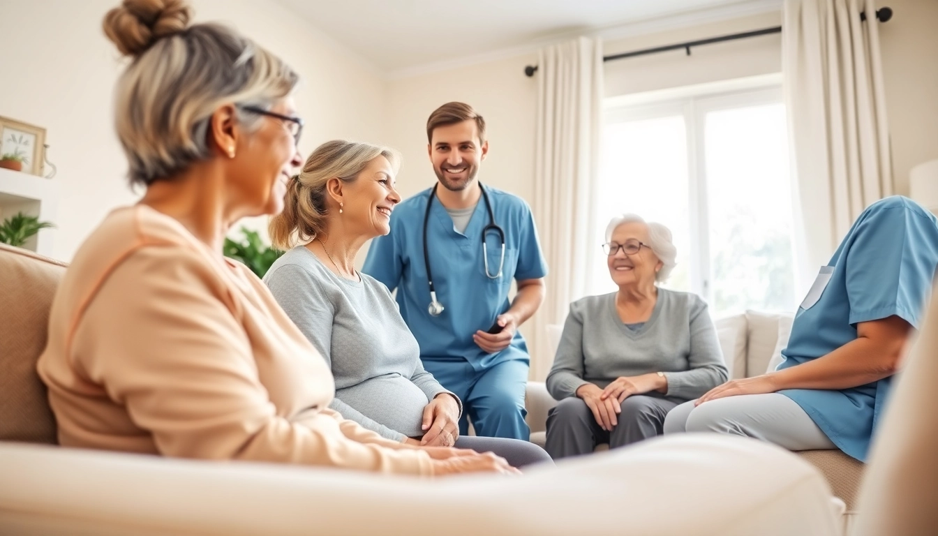 Engaging scene of in home health care near me with professional caregivers and smiling elderly clients.