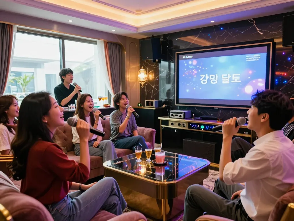 강남달토에서 노래를 즐기는 그룹, 고품질 오디오와 칵테일이 어우러진 활기찬 분위기.