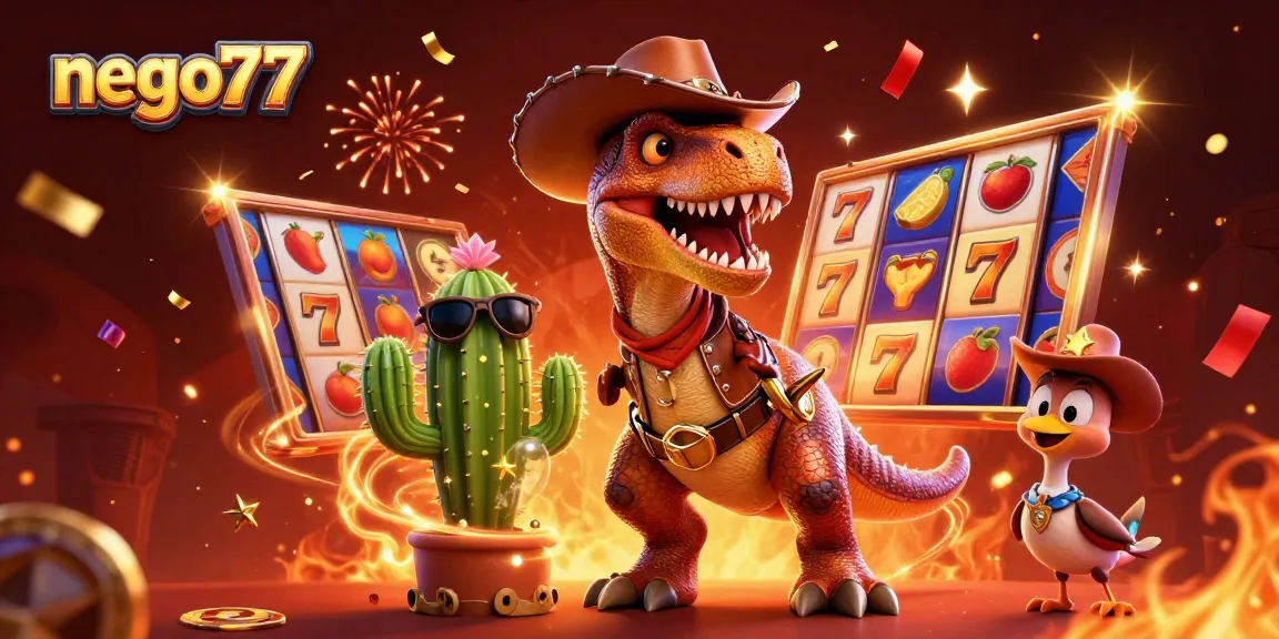 Nego77 offers thrilling gaming experiences with vibrant slot reels and dynamic characters in a festive scene.