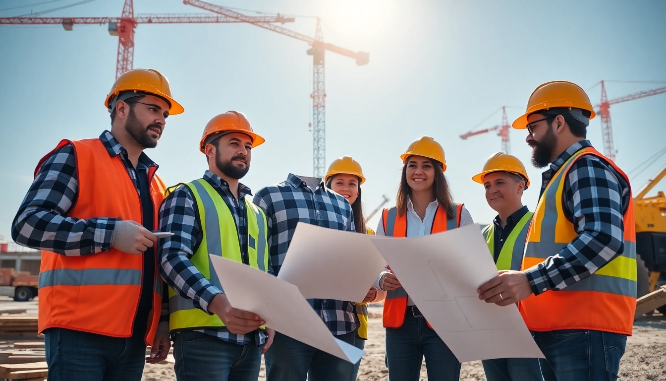 Construction association north carolina professionals collaborating on a job site with cranes and tools.
