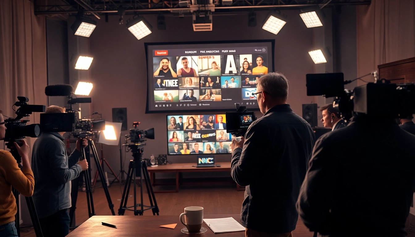 Engaging filming scene showcasing directors and crew producing TV shows online.