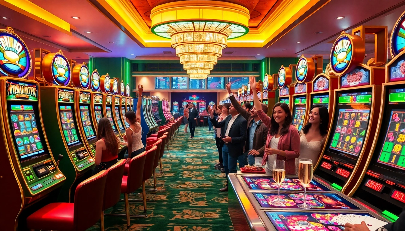 Players enjoying a premium pragmatic slot experience on a luxurious casino floor with vibrant visuals.