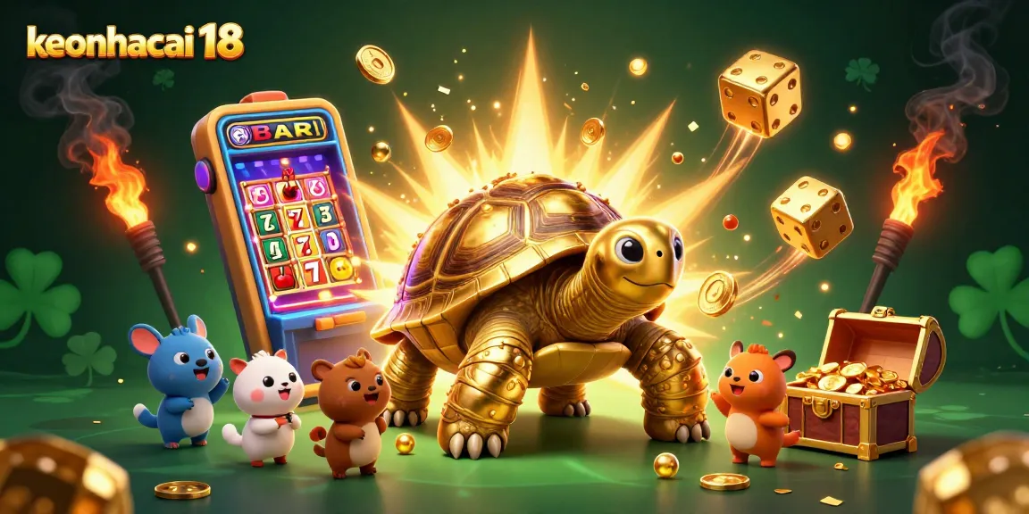 Engage with keonhacai 18's vibrant casino illustration featuring a golden tortoise machine amidst a dynamic jackpot explosion.