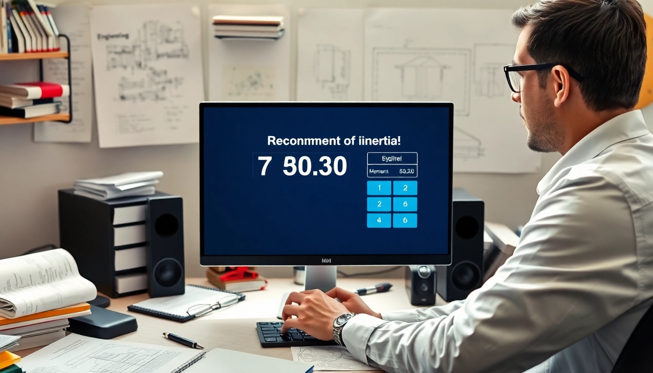 Applying moment of inertia calculator in an engineering workspace with technical elements.