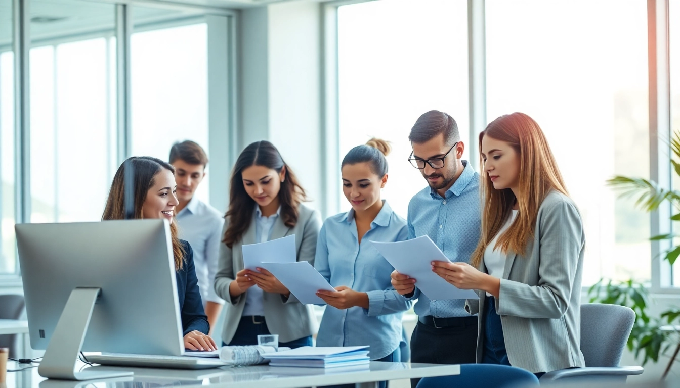 Group taking a psychometric test in a bright, modern office setting, showcasing teamwork.