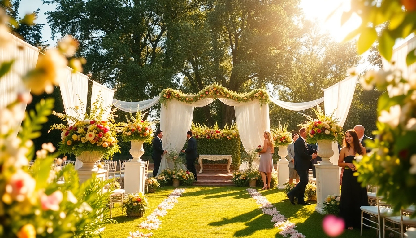 Hochzeitslocation für eine romantische Zeremonie im Freien mit Blumenarrangements.