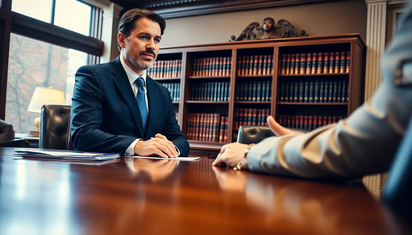Asheville criminal defense lawyer consulting with a client in a professional office.