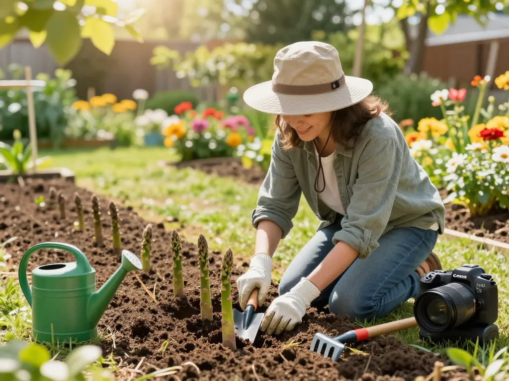 Gardener planting groene asperges planten in a sunny home garden, with colorful flowers and gardening tools surrounding.