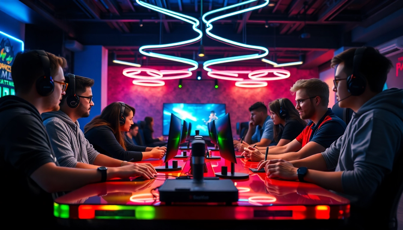 Gamers enjoying intense matches during naga303 in a colorful esports arena.