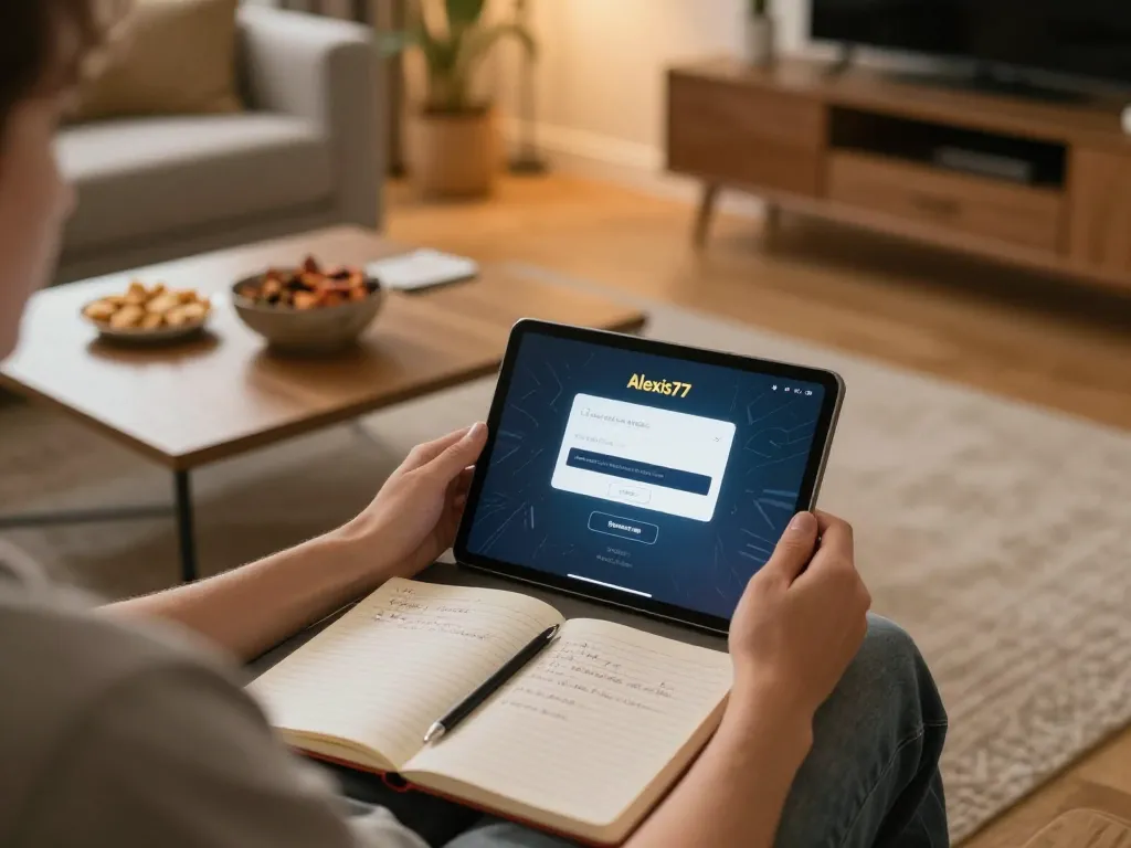 Accessing alexis77 login on a tablet while enjoying casual gaming at home, showcasing a cozy setup.