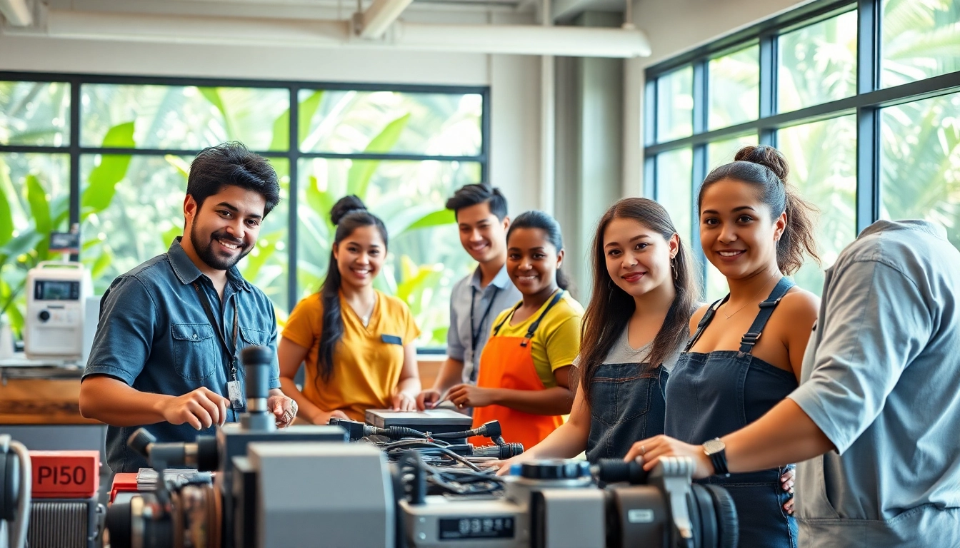 Learn about trade school Hawaii with students engaged in hands-on vocational training in a vibrant setting.