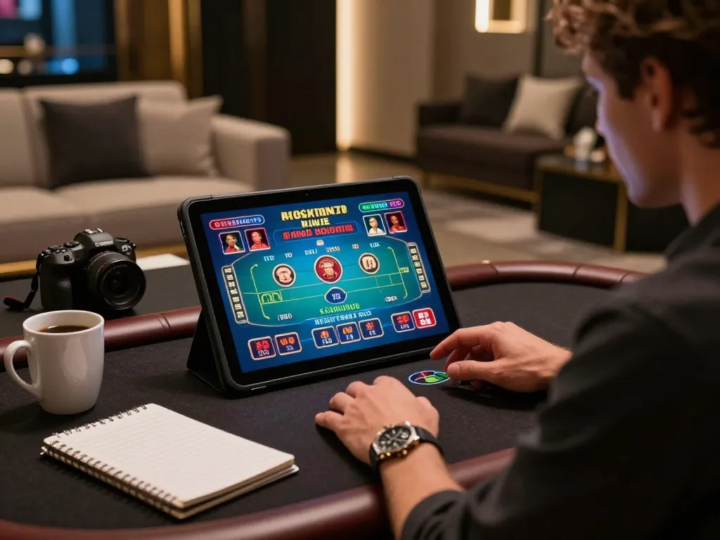 Engaging in online gaming at KKWIN, showcasing a tablet with vibrant casino graphics for an immersive experience.