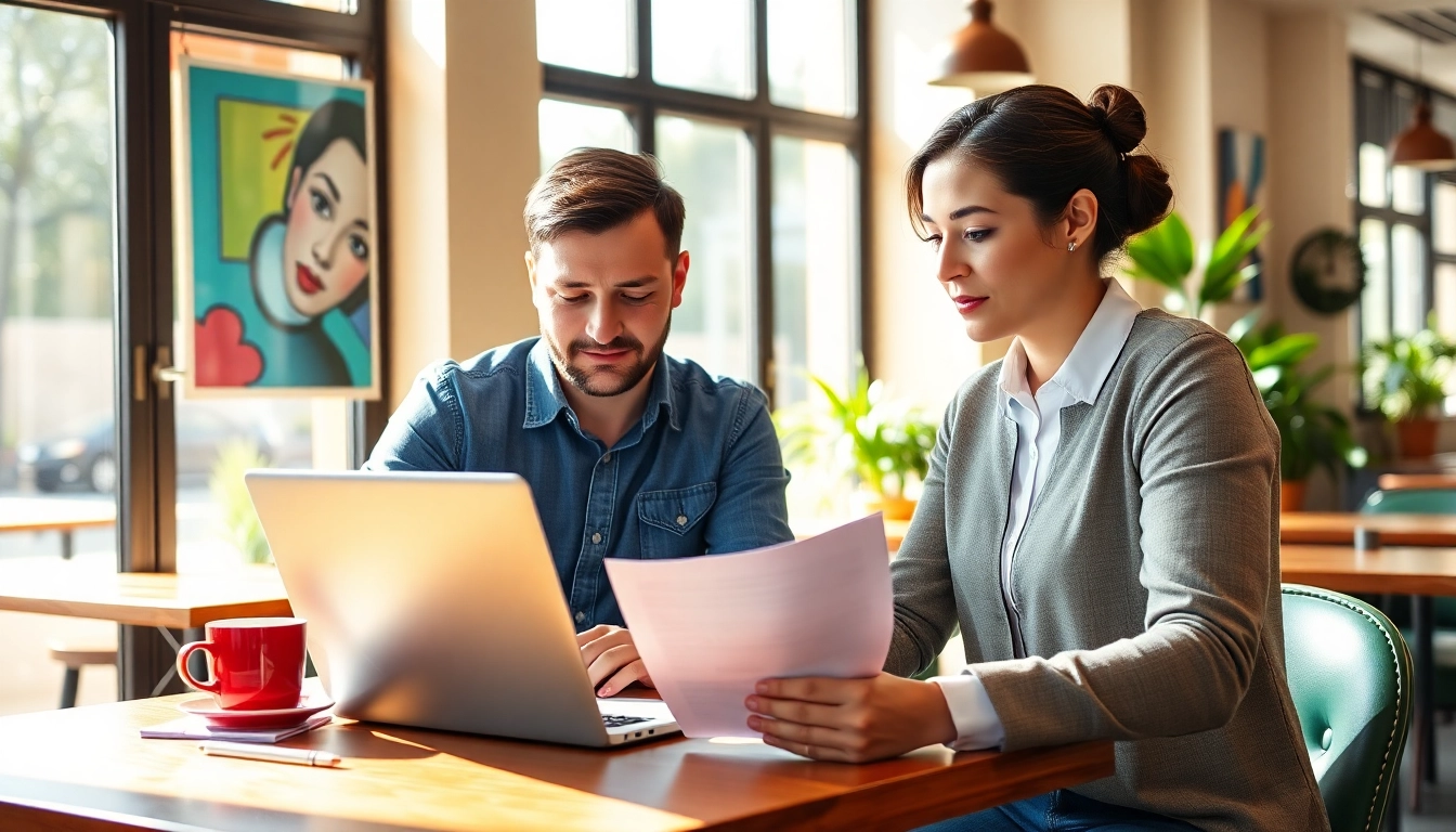 Couple engaging in their esta application process at a cozy café, focused and productive.