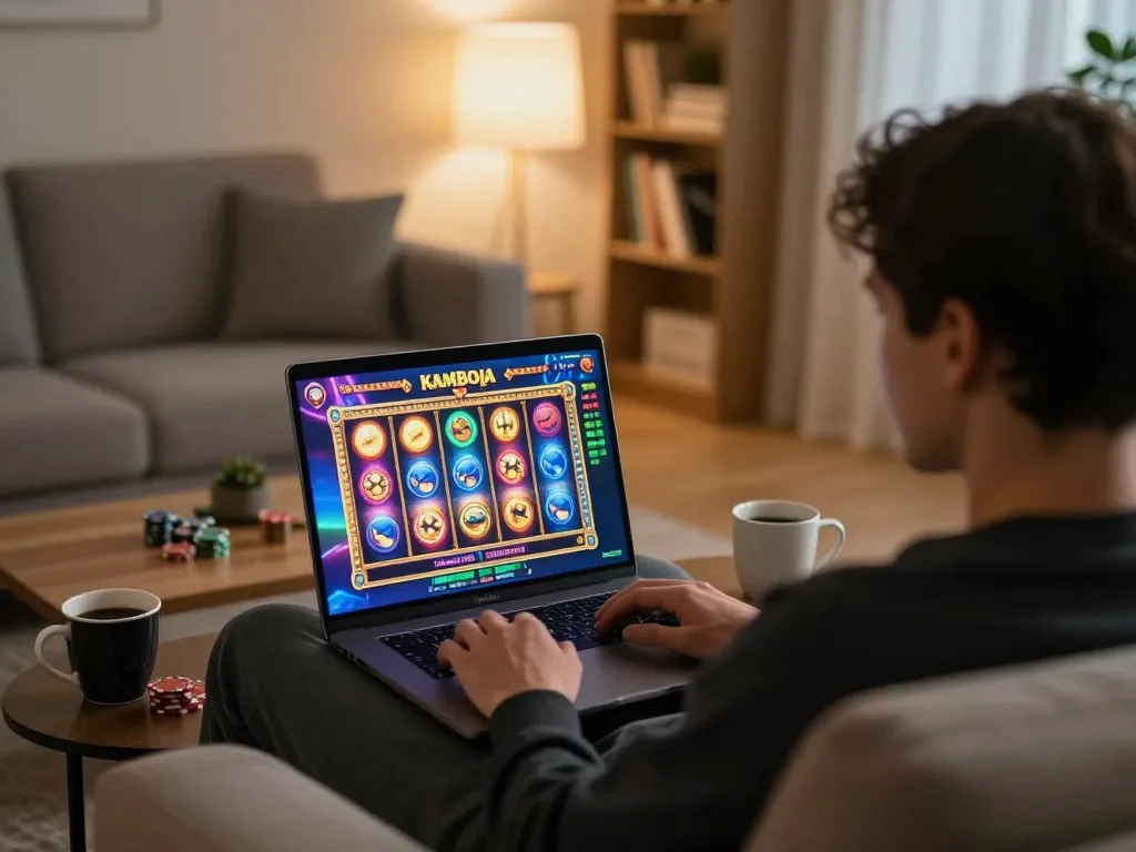 Player engaging in slots action on slot kamboja at home with vibrant game interface and chips