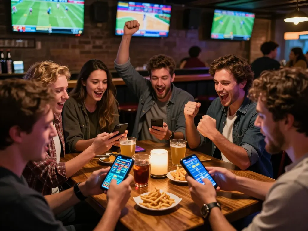 Friends engaging in sports betting with g28 com on their mobile devices at a lively bar.