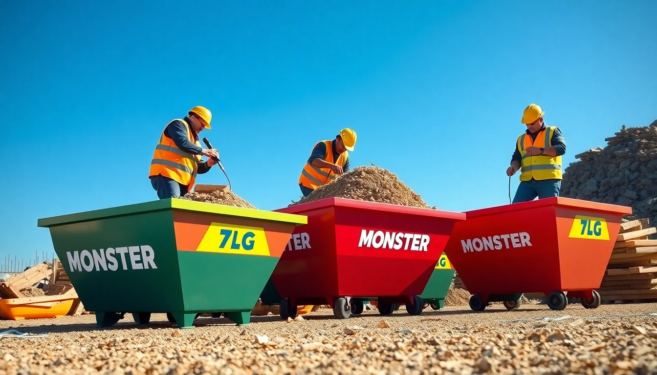 Efficient loading into colorful Monster Skips at a bustling construction site.