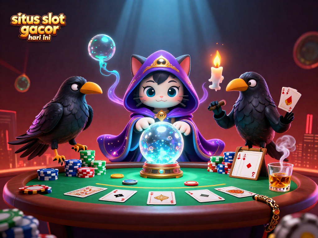Slot gacor hari ini menampilkan kucing mistis dengan bola kristal & burung gagak, dikelilingi elemen poker.