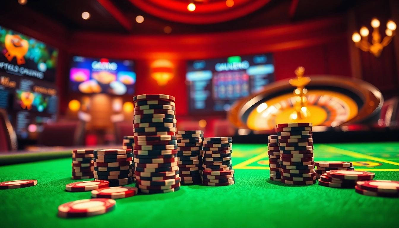 Vivez l'excitation du casino en ligne avec une roulette luxueuse et des jetons de poker sur une table de casino.