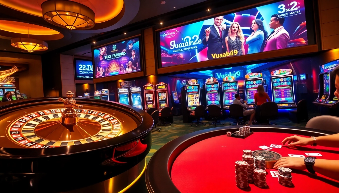 Engaging gamblers at a luxurious vuabai9 casino with roulette wheel and poker table.