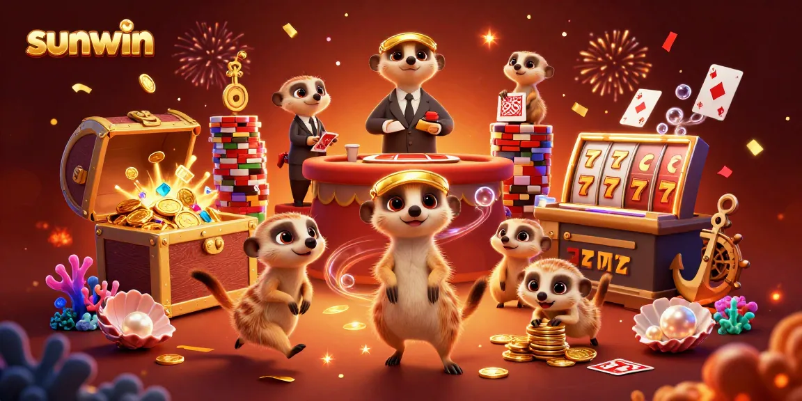 Experience sunwin's vibrant casino excitement with meerkats amidst treasures and festive elements.