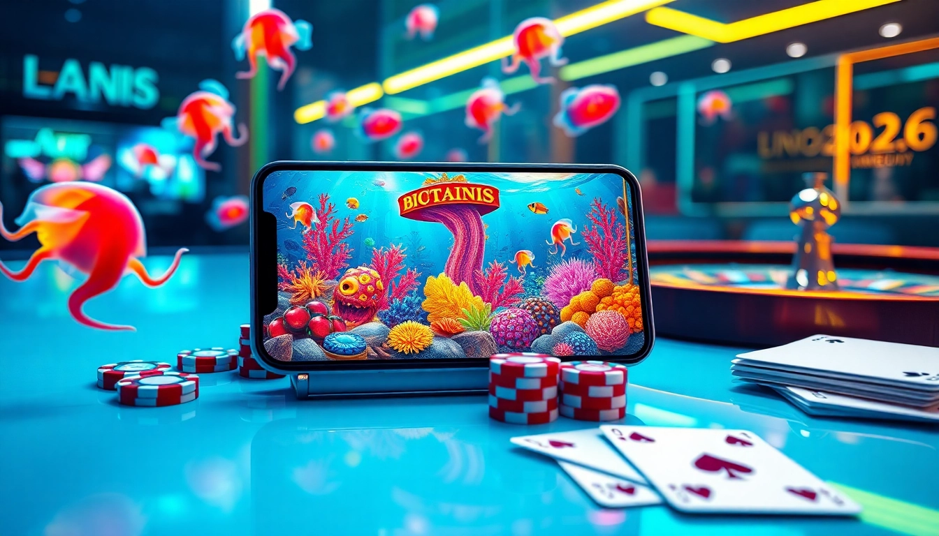 Bắn cá đổi thưởng game interface featuring colorful underwater visuals alongside casino elements like poker chips and cards.