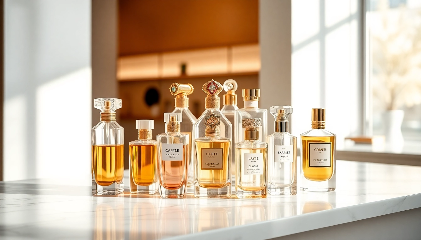Goedkope parfum flessen op een elegant marmeren aanrecht in rustige pastelkleuren.