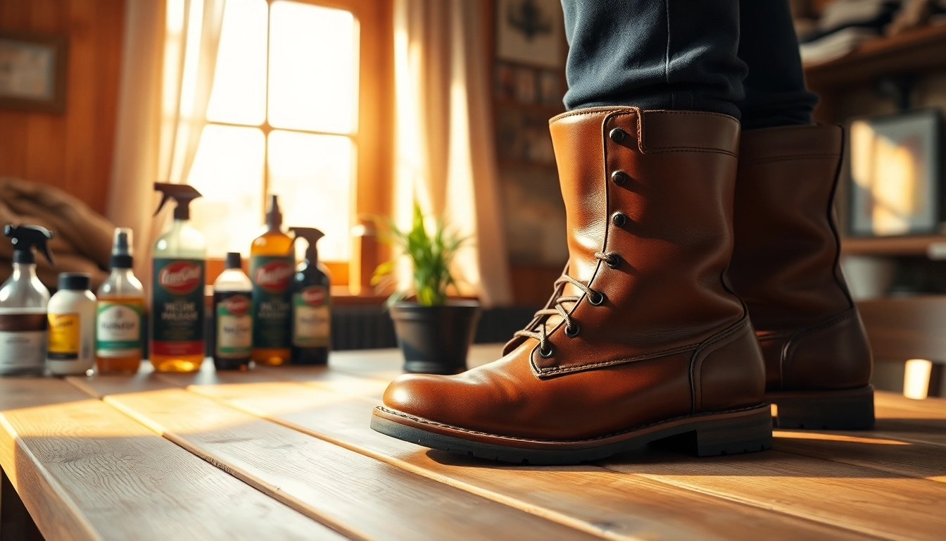 How to waterproof leather boots for winter by applying treatment to dark brown leather boots on a wooden table.