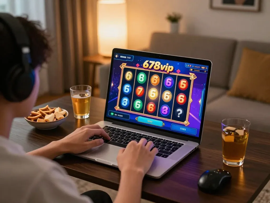Player enjoying an exciting slot game on the 678vip platform in a cozy home setting, emphasizing relaxing online gambling.