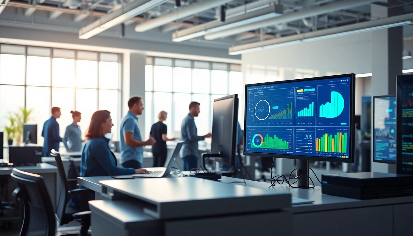 Analyze AI performance metrics on https://benchbot.ai with a diverse team in a high-tech setting.