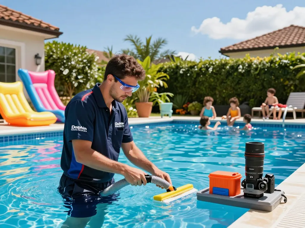 Dolphin Pool Services technician maintaining a residential pool, showcasing expert care and vibrant family atmosphere.