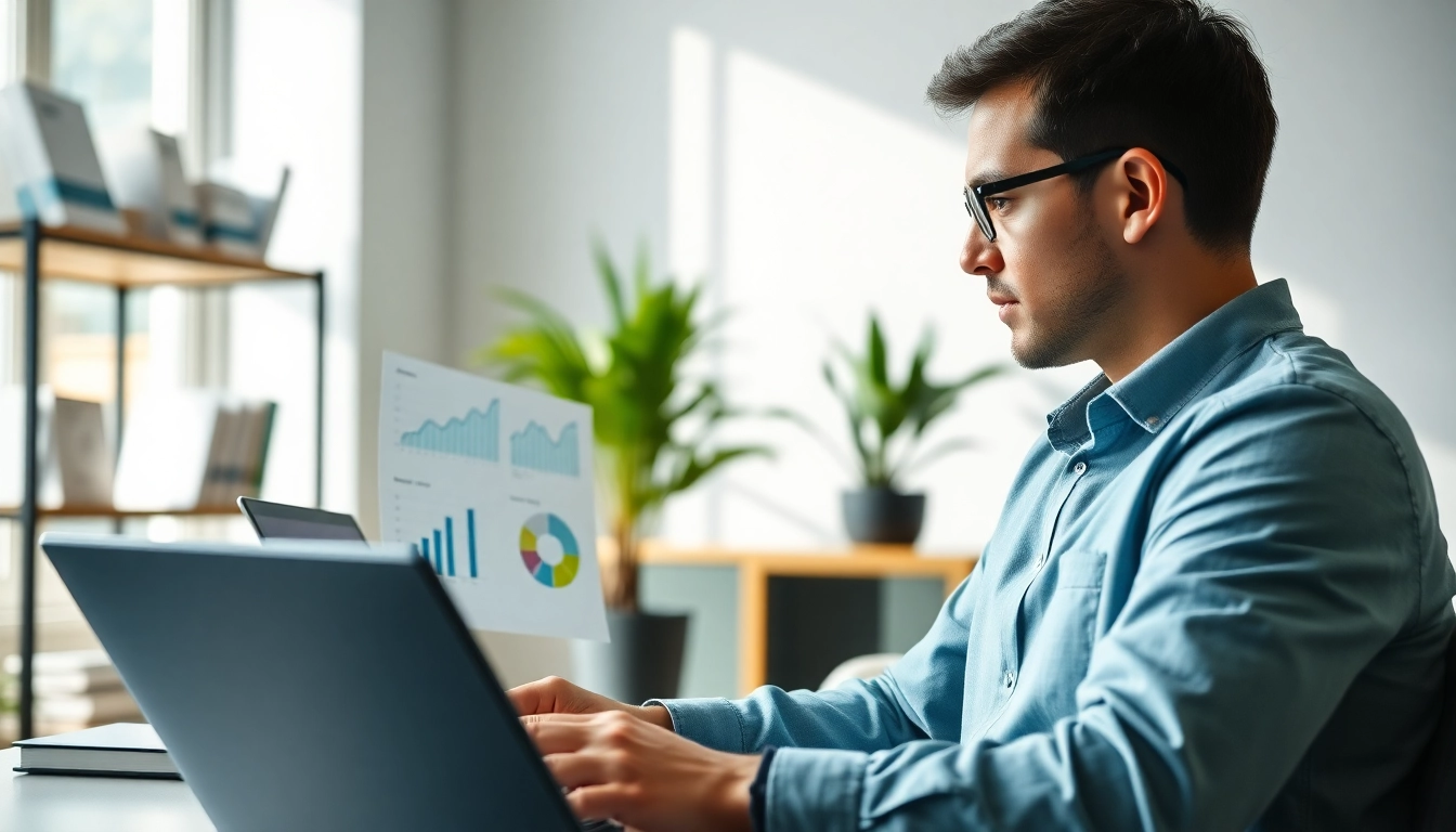 Analyze business reports on https://antrepost.com with a professional in a bright office.
