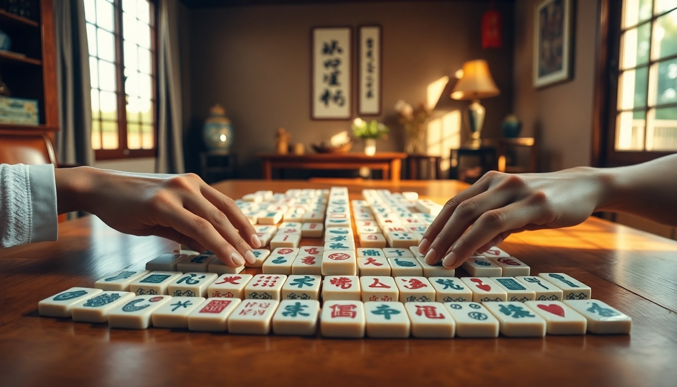 Mahjong permainan dengan ubin yang indah di meja kayu, menarik perhatian pemain yang antusias.