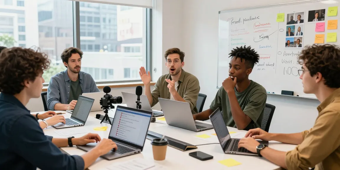 Team brainstorming to grow engagement with genuine YouTube comments in a modern office.