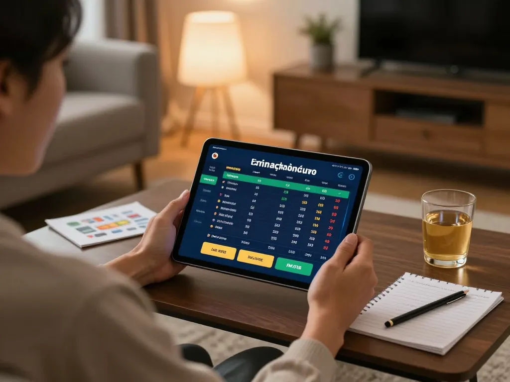 Kèo nhà cái displayed on tablet during responsible online betting session at home with cozy ambiance