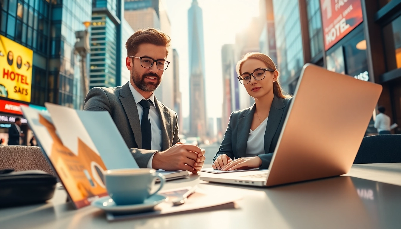 Compare Rates for Hotels while analyzing offers at a modern desk with city views.