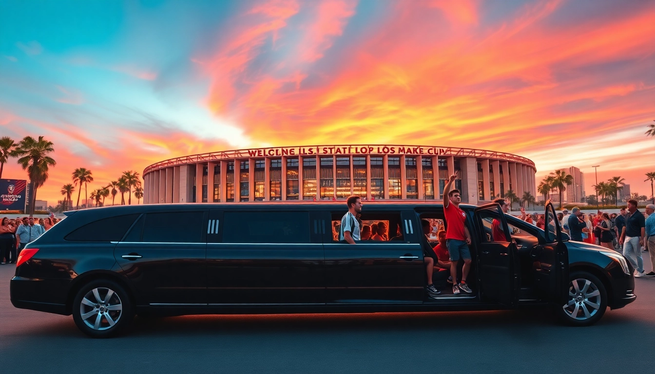 World Cup Group Transportation in a luxury limousine at an LA stadium, capturing fans' excitement.