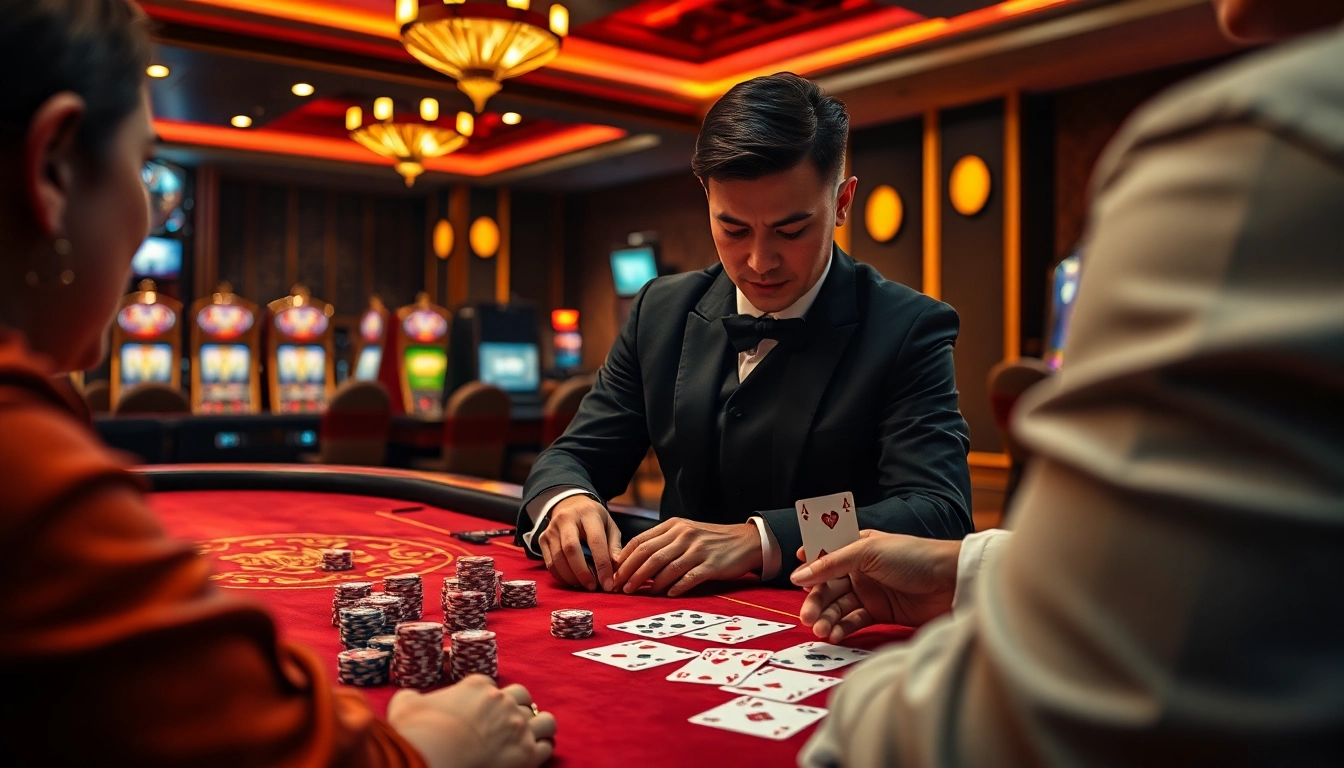 Engaged gambler contemplating strategy in an X88-themed upscale casino setting.