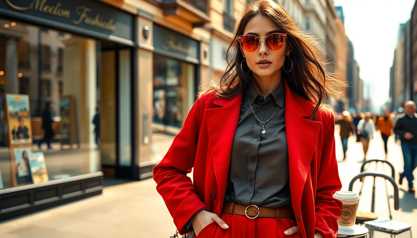 Fashion model striking a pose in a dynamic urban setting, showcasing vibrant style.