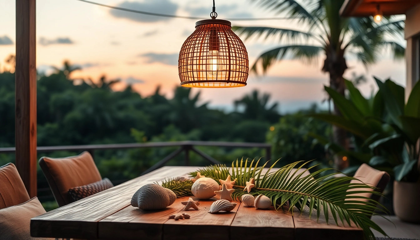 Illuminating island light pendant creates a serene atmosphere in an outdoor tropical dining setting.