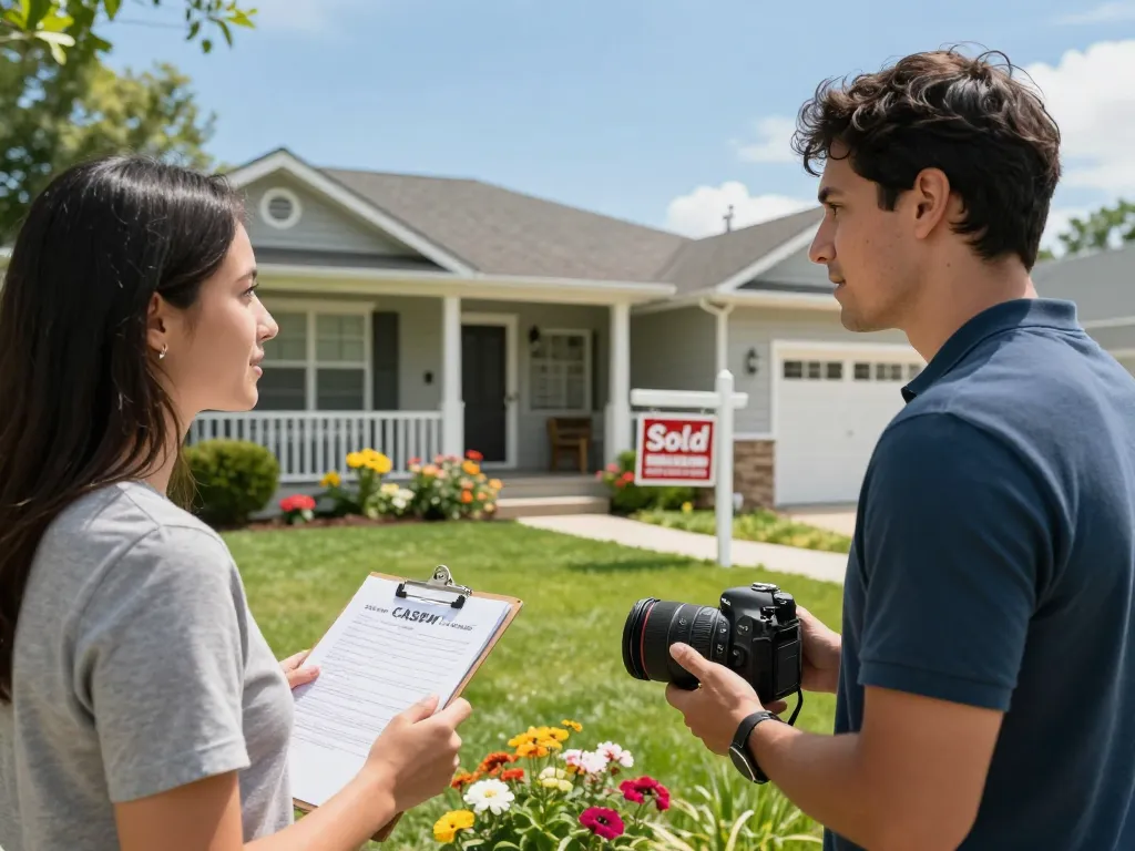 We buy houses for cash discussion between homeowner and buyer in a sunny suburban setting.