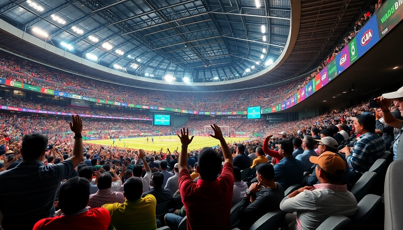 Experience the excitement of sports betting in India with cheering crowds and vibrant sports banners.