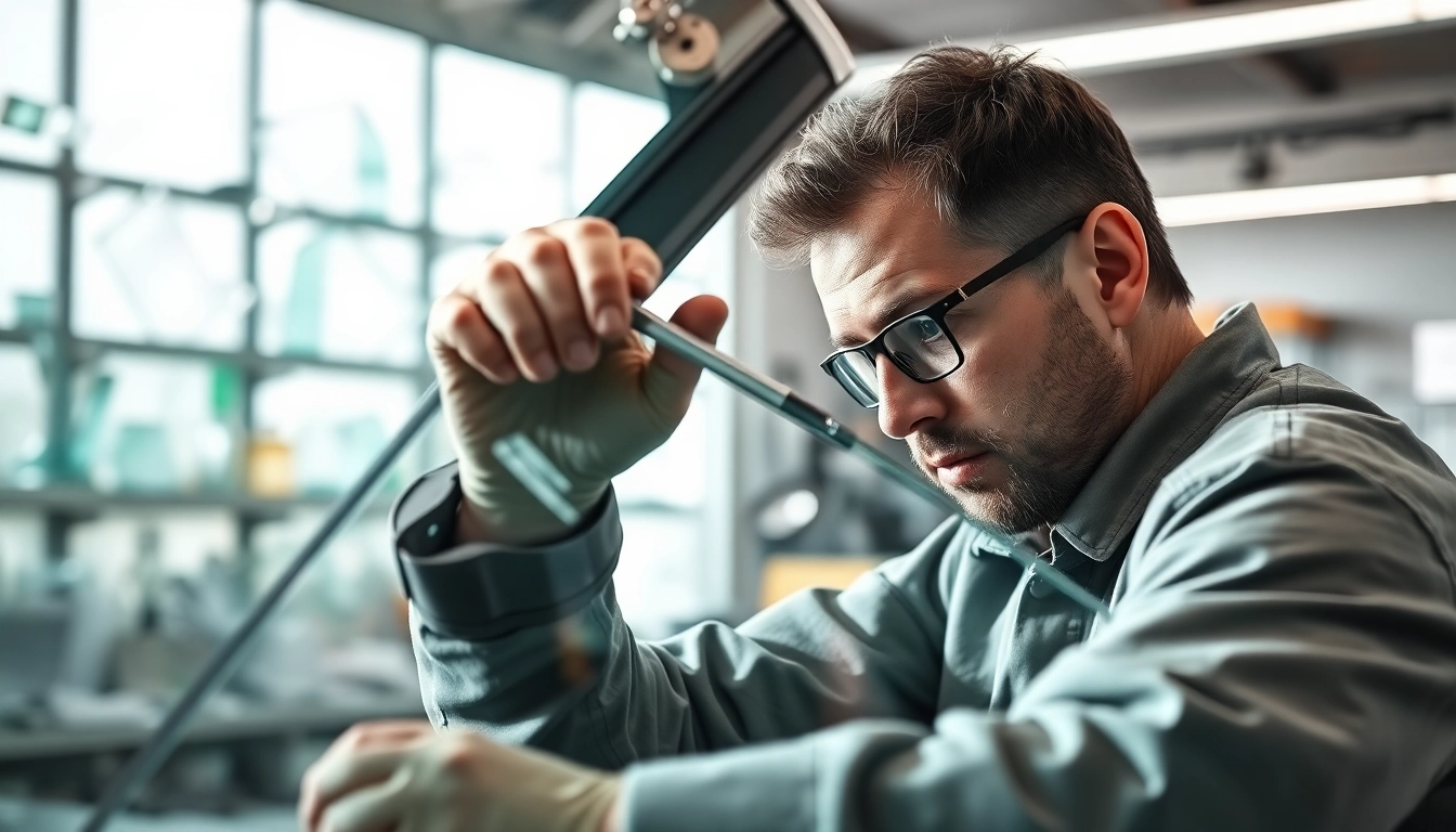 Expert car window repair Northglenn technician fixing a windshield in a bright garage.