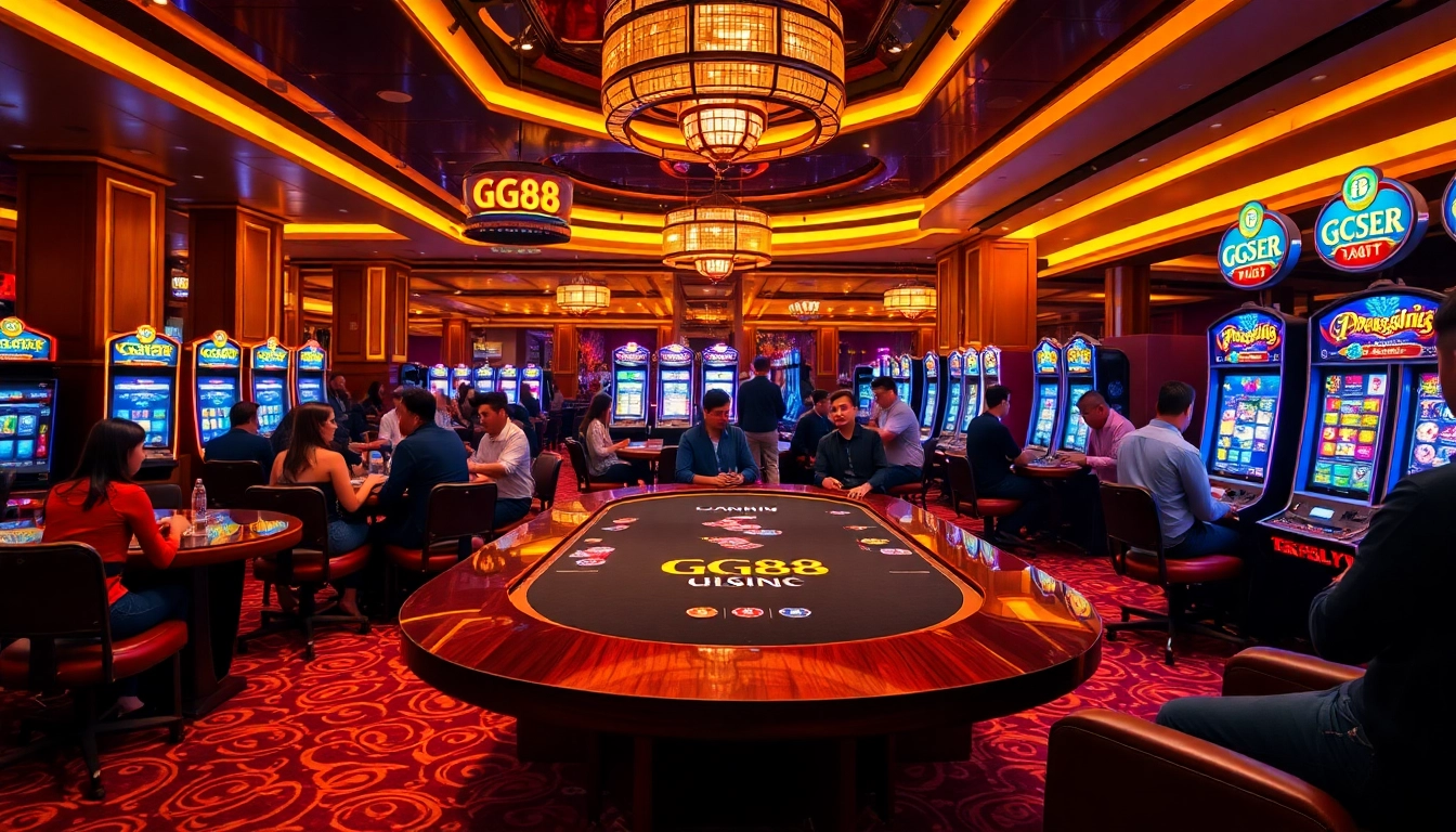 GG88 gaming table scene filled with action and excitement, showcasing casino players enjoying their bets.