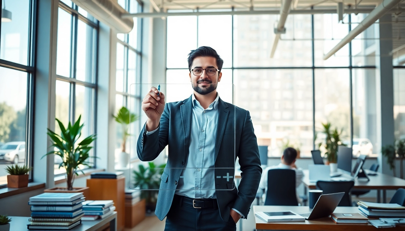 Create an engaging Bio page showcasing a professional writing in a modern office.
